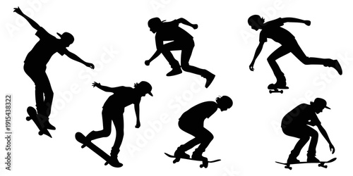 Fotografi Diverse skateboarding silhouettes showcasing various tricks and stances on a ska