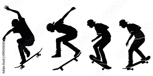 Bild auf Leinwand Four silhouettes of skateboarders performing tricks in a row