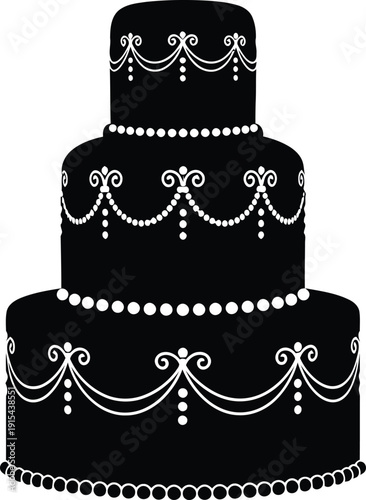 Elegant three tiered black wedding cake silhouette with white decorative icing.