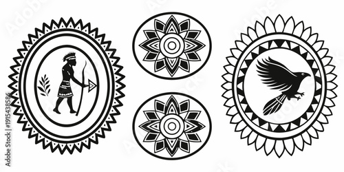 A collection of four distinct circular icons with various symbols. Vector