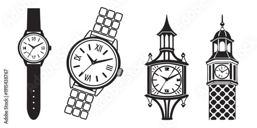 A collection of various types of clocks, including wristwatches and tower clocks. Vector