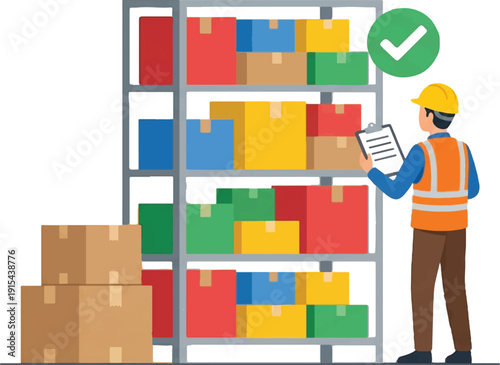 PrintWarehouse Worker Checking Inventory Stock on Shelves with Clipboard