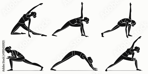 A sequence of yoga poses demonstrating various stretches and postures. Vector