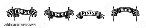 Finish line icons set. flat vector icons set with racing flags and checkered banners