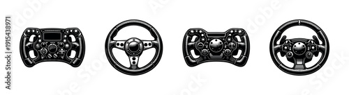 Gaming steering wheels flat vector icons set. console and racing controllers collection