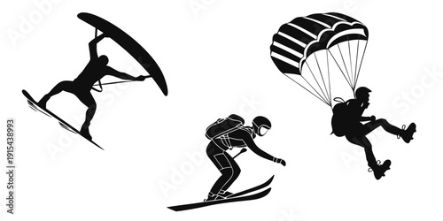 Extreme sports featuring kite surfing, skiing, and parachuting Vector