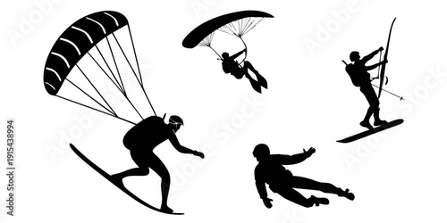 Four people enjoying different extreme sports in the sky. Vector