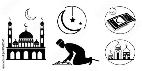 Religious symbols and a person praying in front of a mosque Vector