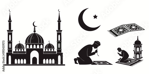 Muslim man praying during the night in front of a mosque with a crescent moon Vector