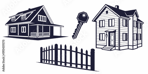 Three different types of houses with a fence in the background Vector