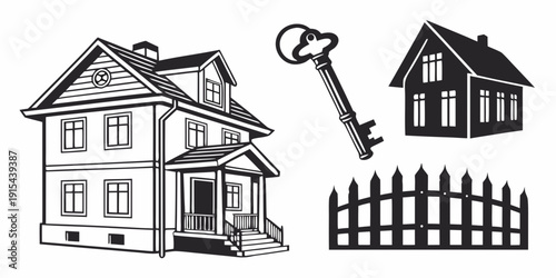 A charming house with a key and a fence, illustrating home ownership and security. Vector