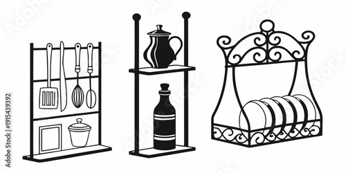 Antique kitchen utensils and storage racks on display in a vintage setting Vector