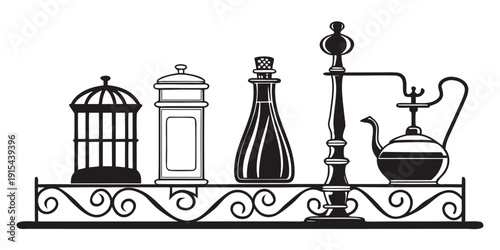 A collection of vintage laboratory equipment on a decorative shelf Vector