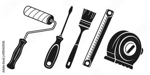 Assorted tools including a paint roller, brush, scraper, and level. Vector
