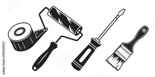 Assorted painting tools including brushes, roller, and tray Vector