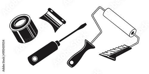 A variety of tools including a paint roller, a putty knife, and a paintbrush. Vector