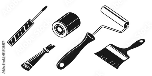 Assorted painting tools including brushes, rollers, and scrapers Vector