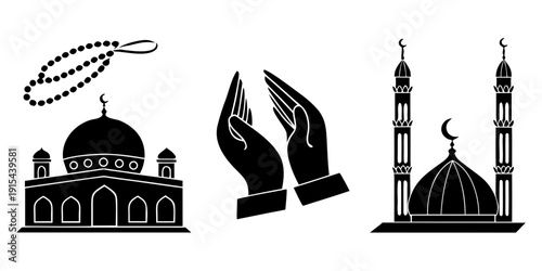 Obraz na plátně Islamic symbols including mosque, prayer beads, and praying hands Vector