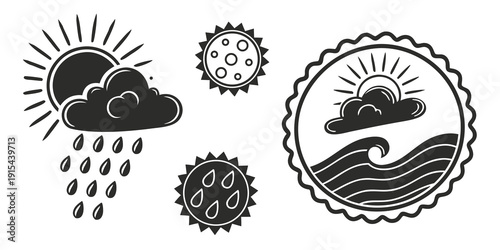 A collection of weather and water-themed icons featuring rain, clouds, and waves Vector