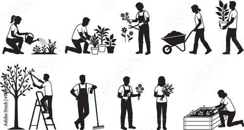 Gardening people silhouettes set, watering planting pruning harvesting landscaping black vector illustration collection isolated