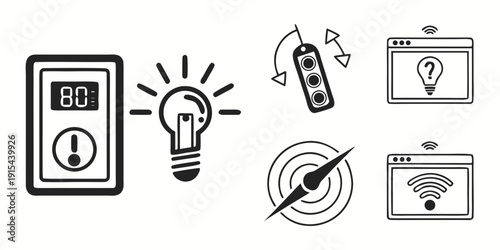 A collection of icons representing energy-saving devices and practices. Vector