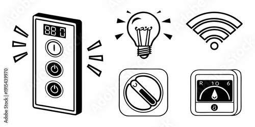 Smart home devices and their symbols including a thermostat, lightbulb, and security camera Vector