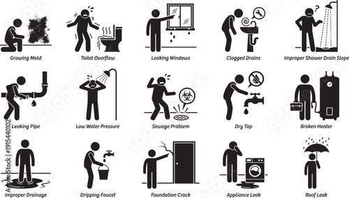 Home plumbing and water damage icons set, black silhouette household leak drainage repair problem illustrations