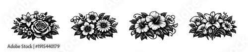 Floral art elements: flat vector icons set of black and white flower illustrations