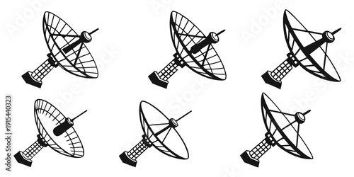 Seven satellite dishes arranged in a circular pattern on a white background Vector
