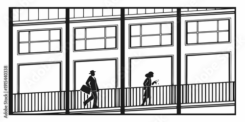 Two individuals walking on a balcony with open windows overlooking a street Vector