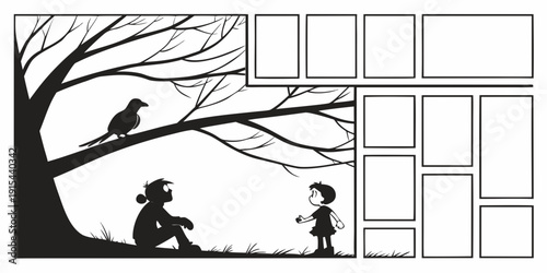 Children playing under a tree with a house in the background Vector