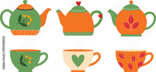 Autumnal Decorative Teapot and Teacup Vector Set with Floral Patterns, Hearts, and Leaf Designs for Kitchen Decor, Tea Party Invitations, and Cozy Lifestyle Illustrations