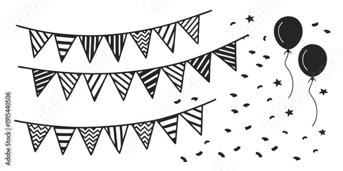 Black and white party decorations with bunting and balloons. Vector
