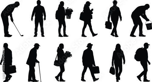 People silhouette collection set, walking men and women with bags, briefcase, flowers and tools, black and white full body vector isolated on white background