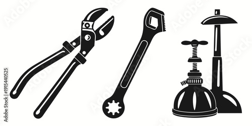 A variety of tools including pliers, a wrench, and a vise. Vector