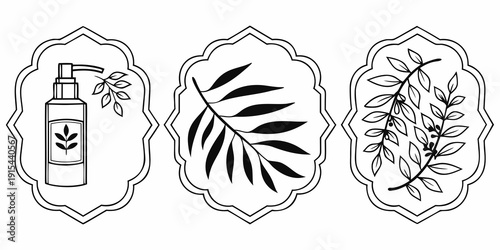 Three illustrated labels featuring a spray bottle, a palm leaf, and a fern leaf. Vector