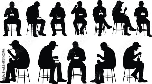 People silhouettes sitting on stools eating food, casual dining concept, everyday lifestyle activity, fast food meal break, isolated human figures collection