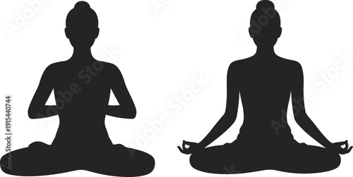 Meditating woman silhouette set, yoga lotus pose black vector illustration, mindfulness and zen meditation icon isolated on white