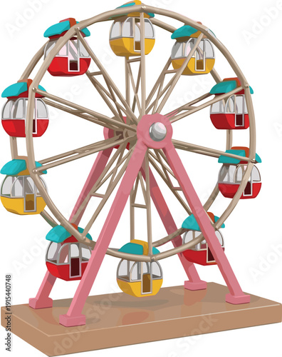 Colorful 3D Isometric Ferris Wheel Vector Illustration with Red and Yellow Passenger Cabins for Amusement Park, Carnival, Fairground, and Theme Park Designs