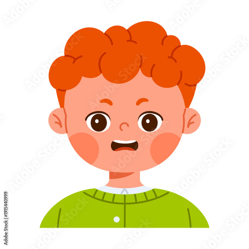 Cute worried redhead boy character with anxious facial expression. Concerned child avatar with open mouth. Emotional reaction concept. Isolated vector illustration in flat cartoon style