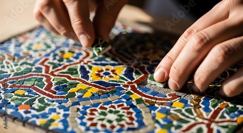 A person is creating a colorful mosaic art piece with small tiles.