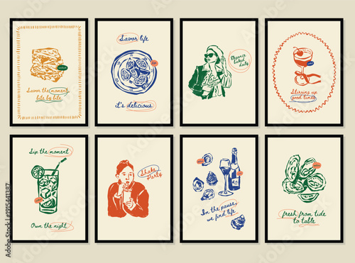 Whimsical hand drawn food and beverage vector illustration set. La Dolce Vita doodles. Art for postcards, branding, logo design, background.