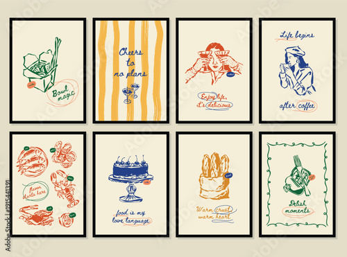 Whimsical hand drawn food and beverage vector illustration set. La Dolce Vita doodles. Art for postcards, branding, logo design, background.