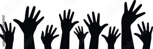Raised hands silhouette collection, crowd reaching arms isolated on white background social protest concept illustration