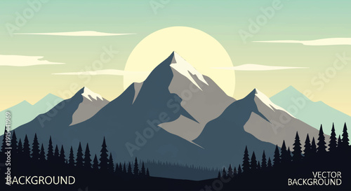 Minimalist vector illustration of majestic snow-capped mountains under a prominent sun, framed by a dense pine forest silhouette, evoking a tranquil and grand natural vista