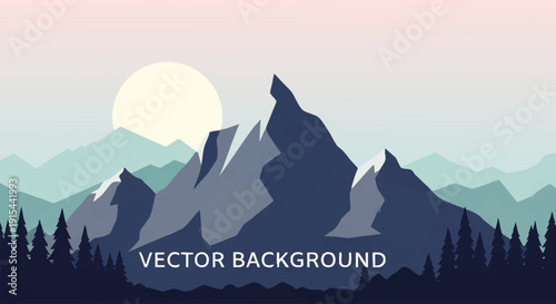 Vector illustration of a serene mountain landscape with layered peaks and a tranquil forest silhouette at sunrise or sunset, presenting a peaceful natural vista