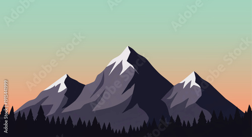 Majestic mountain range at sunset with snow-capped peaks and dark forest silhouette below a gradient sky