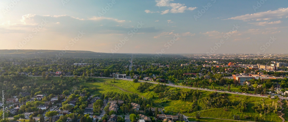 Fototapeta premium Aerial view of Calgary park on a beautiful summer sunset, Alberta - Canada
