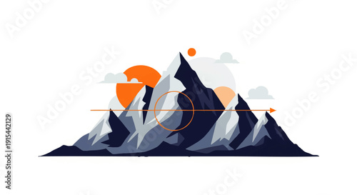 Abstract mountain landscape concept illustration with a modern, minimalist design, featuring geometric sun, clouds, and sharp peaks, symbolizing exploration and an innovative outlook