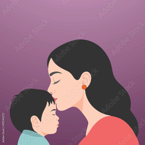 Close-up flat illustration of mother kissing her child. Perfect for maternal affection, family intimacy, parenting care, emotional connection, and Mother’s Day artwork.